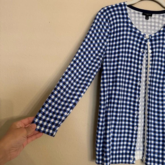 Talbots Cardigan Sweater Top 2 Pc SET Petite P 3/4 Sleeves Blue White Checkered - Picture 8 of 13